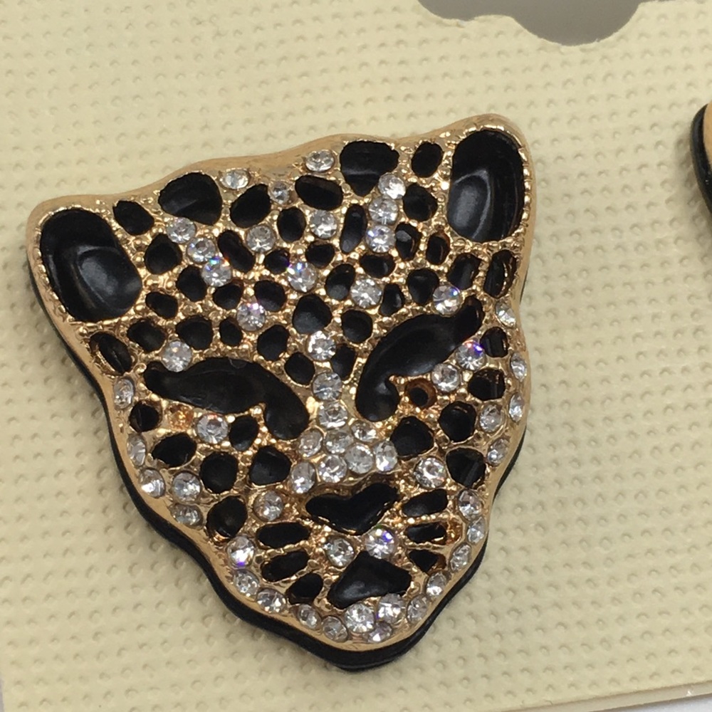 Panther leopard earrings black gold rhinestones - Picture 3 of 7